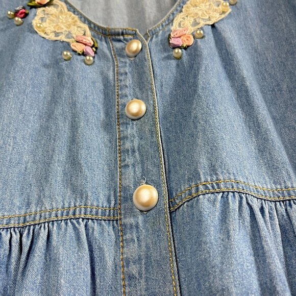 Vintage Chambray Button Down Flower Maxi Dress Womens M/L Cottagecore Lace Pearl - Picture 4 of 16